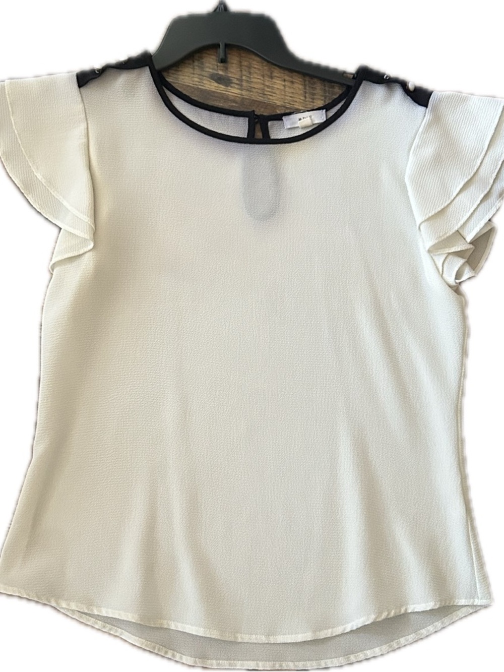 mine Cream Blouse with Black Trim and Flutter Sleeves